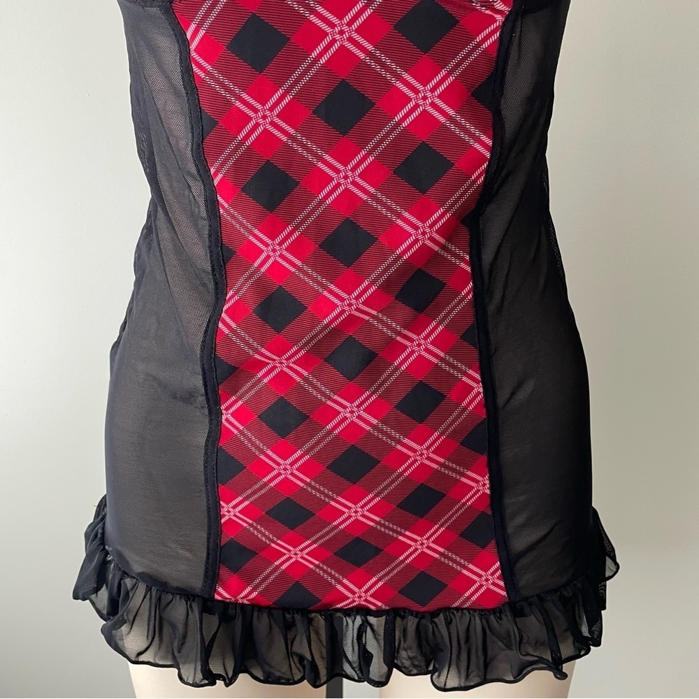 Hustler Lingerie Plaid Tartan Check Mesh Convertible Babydoll Red Black - Picture 4 of 8